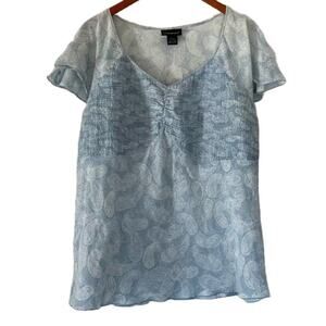 Lane Bryant Pale Blue Paisley Boho Short Ruffle Sleeve Top/Blouse Ruched, 18/20